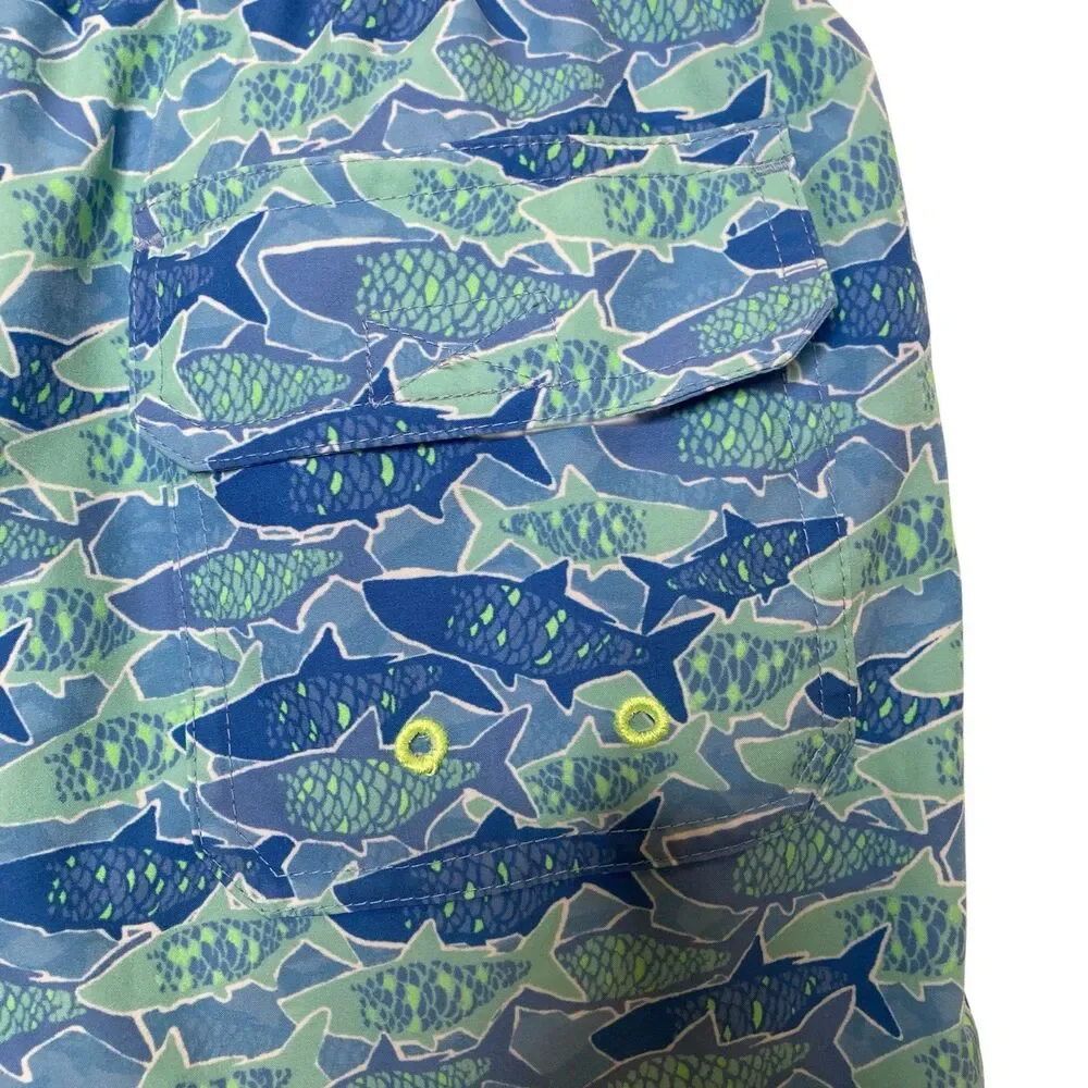 VINEYARD VINES Blue Shark Print Boys Size Medium Swim Swimming Shorts Trunks